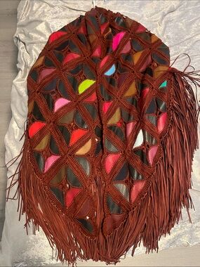 Boho Fringed Crochet Patchwork Shawl - Multicolor